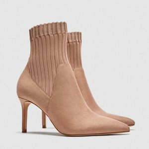 NWOT Zara Suede Sock Boot Point Toe Stiletto Pull On Nude Beige Womens 10
